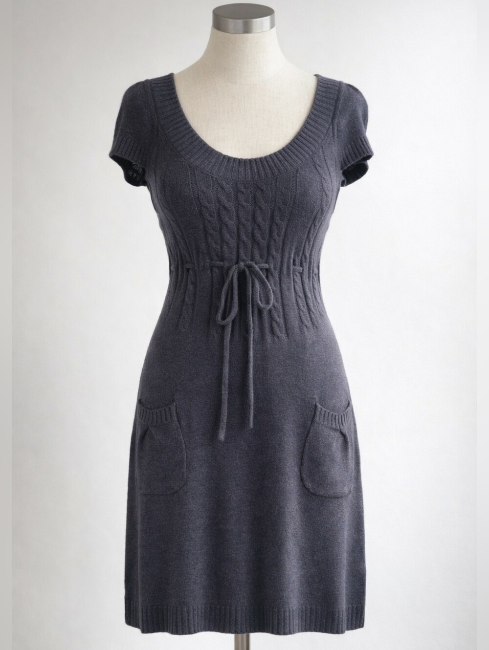Vintage Y2K Charcoal Gray Knit Dress Pockets Scoop Neck Minimalist | SMALL